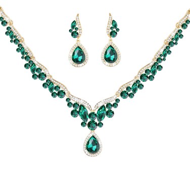 uqvn Gold Emerald Necklace Earrings Jewelry Gifts Set for Bride Mom Wife Grandmother Women on Wedding Birthday Party, Crystal Diamond Jewelry Set Gift