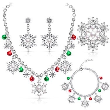 Jadive 4 Piece Christmas Snowflake Bell Jewelry Set Red Green Christmas Festive Snowflake Bell Pendant Necklace Bracelet Dangle Earring Crutch Brooch Pins Present for Women