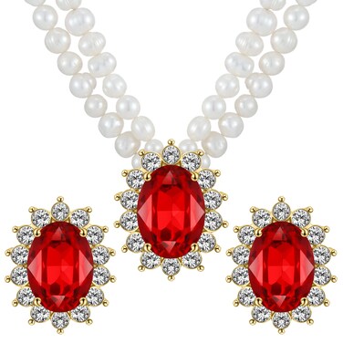 Sisslia Freshwater Cultured Pearl Necklace Set, Jewelry Set Includes Real Pearl Necklace, and Earrings with Gemstones and Rhinestones, Perfect for Valentine's Day, Birthday, Anniversary Pearl Set Gift