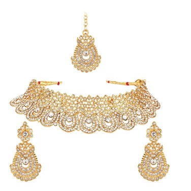 Efulgenz Crystal Indian Bridal Jewelry Indian Wedding Jewelry Sets for Women Rhinestone Crystal Choker Necklace Earrings Maang Tikka Set Bollywood Jewellery