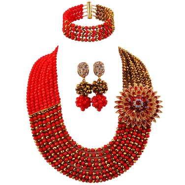 aczuv 8 Rows African Jewelry for Women Nigerian Beads Wedding Necklace Set Bridal Jewelry Sets (Opaque Red Golden Color)