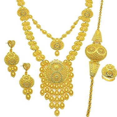 Ethiopian Tassel 24k Gold Plated Jewelry Sets For Women Arabic Wedding Indian Bridal Dubai Necklace Earrings Bracelet Ring Set for Lady Wife Mother (S-399)