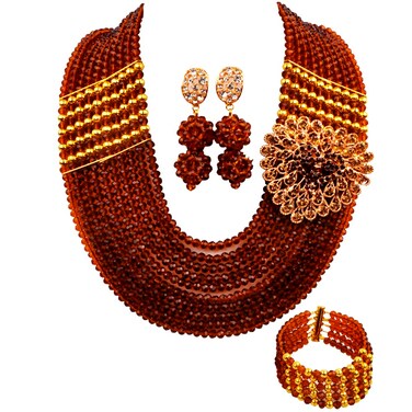 aczuv Nigerian Jewelry For Women African Wedding Necklace Set Crystal Beaded Bridal Jewelry Sets (Brown)