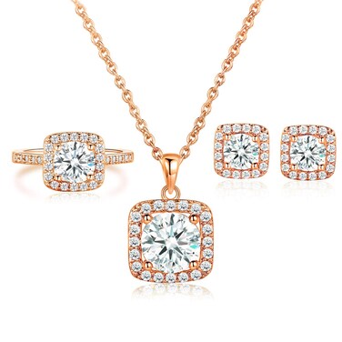 XBRN Necklace/Earrings/Ring Engagement Jewelry Set for Women,18K Rose Gold Plated Halo CZ Hypoallergenic Wedding Jewelry Pack of 3 (C-Rose gold plated, 6)