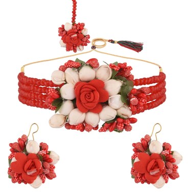 Efulgenz Beaded Faux Pearl Multicolor Flower Jewelry Set Choker Necklace with Maang Tikka Earrings Floral Handmade Jewelry for Women for Haldi Mehandi Wedding Bridal