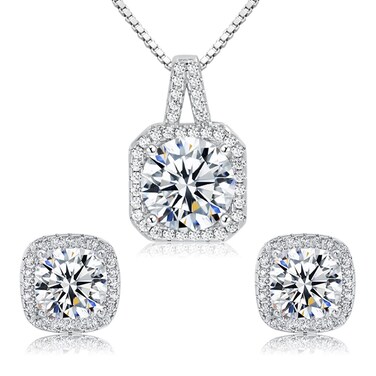 Cubic Zirconia Earrings and Necklace Set for Women 14K White Gold Plated Square Jewelry Set for Women Silver Pendant Necklace Hypoallergenic Stud Earrings Set Jewellery Gift
