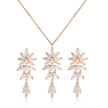 Cubic Zirconia Jewelry Set for Women Gold Sterling Silver Bridal Wedding CZ Rhinestone Diamond Leaf Flower Floral Cluster Necklace and Earrings Set for Bride Bridesmaids Mother of Bride Party Prom