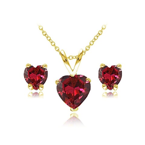 B. BRILLIANT Necklace and Earrings for Valentines Day Yellow Gold Flashed Sterling Silver Synthetic Ruby Heart Solitaire Jewelry Set for Women Bridesmaids