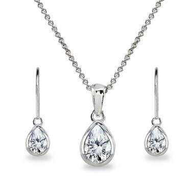 B. BRILLIANT Jewelry Sets for Women Cubic Zirconia Necklace and Earrings Sterling Silver Teardrop Bezel Short Pendant Necklace &amp; Dangle Earrings for Bridesmaids Birthday