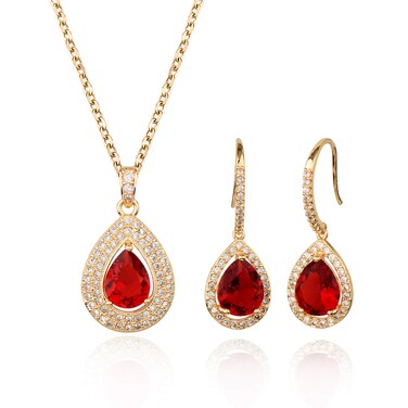 Mycitta Crystal Wedding Bridal Jewelry Set Teardrop Pendant Necklace Drop Dangle Earrings Set for Bride Bridesmaids Mother of Bride Prom Party Formal Jewelry Set for Women Red