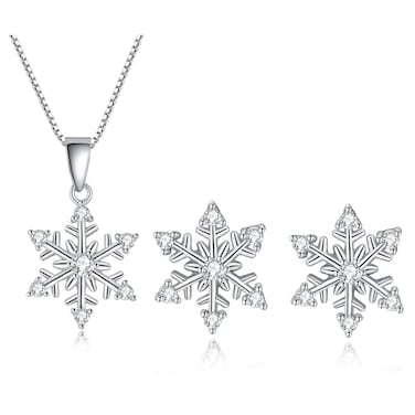 GULICX 925 Sterling Silver Snowflake Jewelry Set for Women, Cubic Zirconia Snowflake Stud Earrings Necklace Pendant Set, Christmas Gift for Ladies
