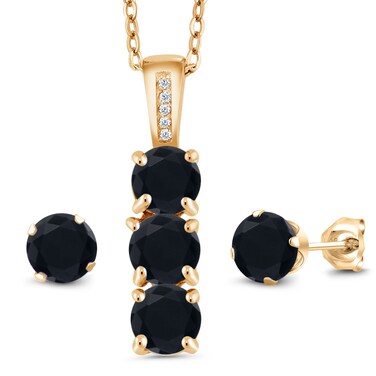 Gem Stone King 18K Yellow Gold Plated Silver 5MM Gemstone Birthstone and White Diamond 3-Stone Pendant and Earrings Jewelry Set For Women   With 18 Inch Chain