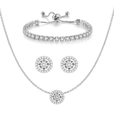 PORYIMEE Round Earrings Pendant Necklace Tennis Bracelet Silver Plated Adjustable Jewelry Sets For Women Cubic Zirconia Jewelry Set For Bride Bridesmaids Bridal Wedding Party Prom