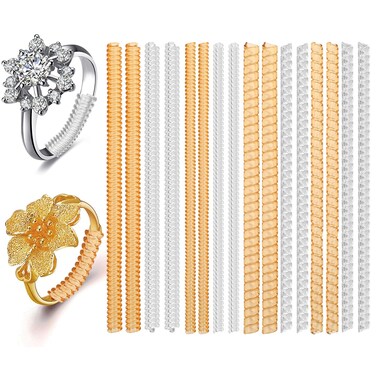 WLLHYF Ring Size Adjuster for Loose Rings, 16 Pcs 4 Sizes Invisible Clear Gold Ring Guards Fit Any Ring Size Non-Slip Silicone Ring Resizer Tightener Set for Making Jewelry Guard