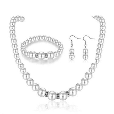 COLORFUL BLING Elegant Faux Pearl Imitation Crystal Necklace Earring and Bracelet Red Green Color Costume Jewelry Set for Women (White)