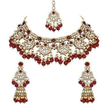 I Jewels Gold Plated Wedding Handcrafted Kundan Pearl Choker Necklace Jewellery Set For Women (Maroon)