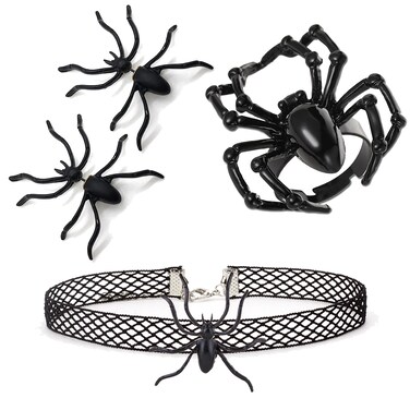 yfstyle Halloween Costumes Choker Necklace Earrings Ring Set Halloween Funny Spider Earrings Black Choker with Spider Charm Vintage Cool Ring Cosplay Accessories Goth Jewelry Sets for Women Spider