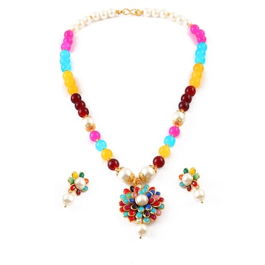 Jewar Necklace Indian Ethnic Wedding Faux White Pearl Pacchi Work Multi-Color Acrylic Beads Stone Handmade Beaded Statement Bollywood Fancy Party Wear Jewelry Set with Earrings for Women (Multicolor)