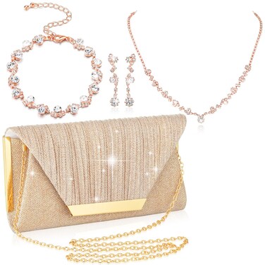 4 Pcs Bling Clutch Purse Rhinestone Jewelry Set for Women Evening Bag Crystal Earrings Bridal Necklace Bracelet Accessories (Silver)