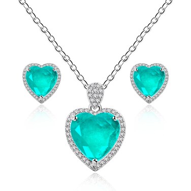 Simulated Paraiba Tourmaline Stud Earrings and Pendant Necklace, Halo Heart Shape Jewelry Set for Women, Platinum Plated Y3524 (Y3524-Green)