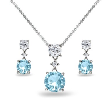 B. BRILLIANT Sterling Silver Simulated Paraiba &amp; White Topaz Round Three Stone Dangle Necklace &amp; Earrings Jewelry Set for Women