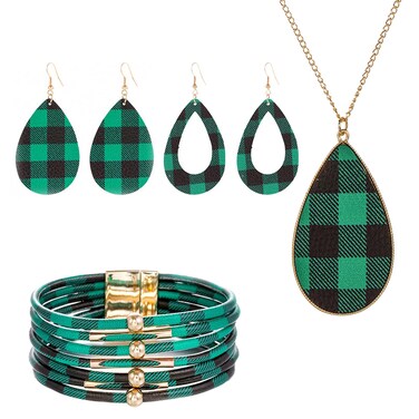 INENIMARTJ Green and Black Buffalo Plaid Jewelry Set for Women 4 Pieces Faux Leather Earrings Necklace Bracelet Set Leather Bracelet Dangle Leather Earrings Glitter Jewelry Set (green and black)