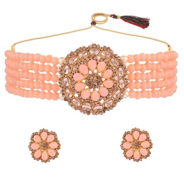 Efulgenz Indian Beaded Choker Necklace Earrings for Women Faux Pearl Crystal Rhinestone Layered Necklace Round Stud Earrings Bridal Wedding Bollywood Jewelry Set