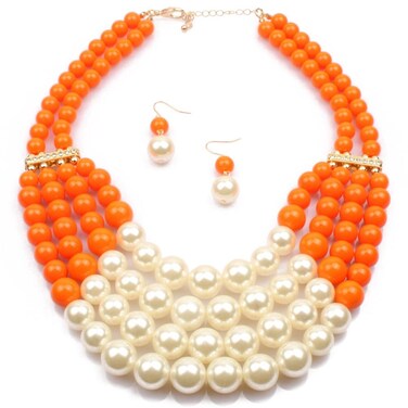 Chamvino Fashionable and exaggerated multilayer Imitation pearl choker+Drop Dangle Earring jewelry set Bridal necklace Dress Accessories for Women's gifts(Orange)
