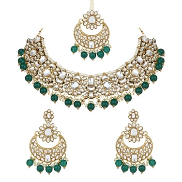 I Jewels Gold Plated Indian Wedding Bollywood Floral Kundan Pearl Choker Necklace Jewelry Earrings &amp; Maang tikka Set For Women (K7271) (Green)
