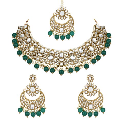I Jewels Gold Plated Indian Wedding Bollywood Floral Kundan Pearl Choker Necklace Jewelry Earrings &amp; Maang tikka Set For Women (K7271) (Green)