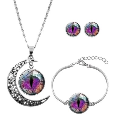 JczR.Y Cat Eyes Necklace Vintage Crescent Moon Shape Pendant Bangle Purple Earrings for Women Time Gemstone Long Sweater Chain Necklace Fashion Jewelry Sets (purple)