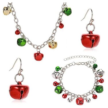 GIGB PBDK 4 Pieces Christmas Jingle Bell Jewelry Set for Women, Jingle Bells Light Bulbs Necklace Bracelet Dangle Earring for Christmas Party (Set)