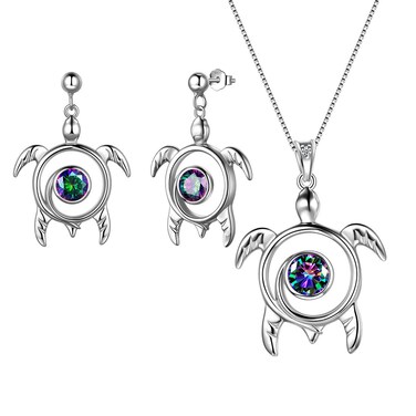 Aurora Tears Mystic Rainbow Topaz Turtle Jewelry Sets Women 925 Sterling Silver Celtic Spiral Necklace/Earrings Set Crystal Mystic Fire Topaz Viking Swirls Sea Turtle Birthday Jewellery DS0088T