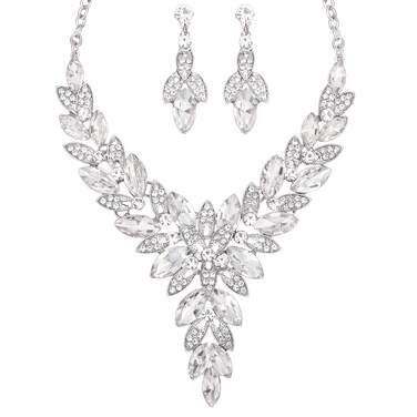 CSY Elegant Women's Wedding Jewelry Sets Flower Leaf Marquise Crystal Bridal Statement Necklace Dangle Earrings Set for Bride (white crystal-platinum tone)