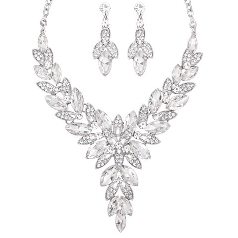 CSY Elegant Women&#39;s Wedding Jewelry Sets Flower Leaf Marquise Crystal Bridal Statement Necklace Dangle Earrings Set for Bride (white crystal-platinum tone)