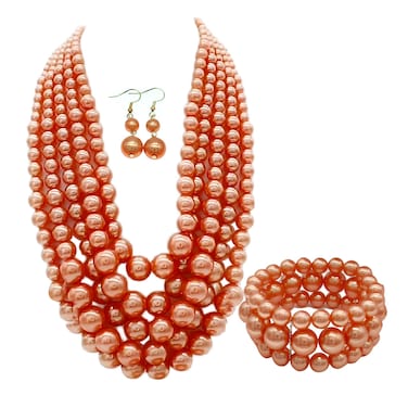 iSPECIAL Colorful Faux Pearl Jewelry Set for Women Layered Chunky Necklace, Earrings, and Bracelet Fashion Costume Jewelry Set (Orange pearl necklace set)