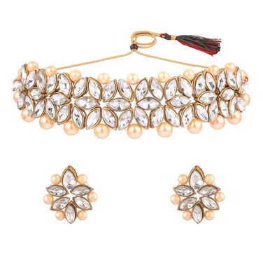 Efulgenz Faux Pearl Choker Indian Jewelry Sets for Women Crystal Kundan Pearl Necklace Set Beaded Faux Pearl Necklace Earrings Bollywood Fashion Jewelry Wedding Bridal Jewelry Set