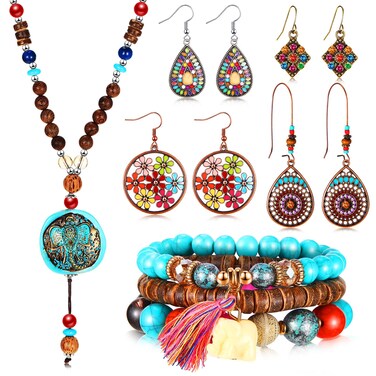 Kigeli Bohemian Retro Dangle Jewelry Set Boho Retro Rhinestone Drop Earrings Multi-layer Beaded Leather Bracelet and Turquoise Bead Necklace Jewelry for Women(Elephant)