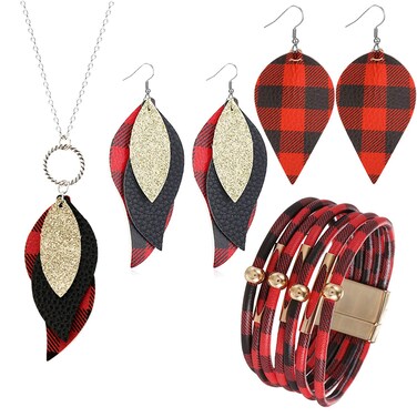 CSIYANJRY99 4 Pieces Buffalo Plaid Leather Earrings Necklace Bracelet Set,Christmas Red Black Plaid Jewelry Set Plaid Print Jewelry for Women B