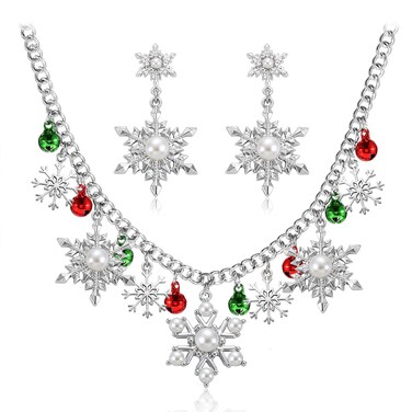 NLCAC Christmas Snowflake Necklace Earrings Set Red Green Jingle Bell Charms Snowflake Pendant Collar Necklace Xmas Jewelry (Colorful Snowflake)