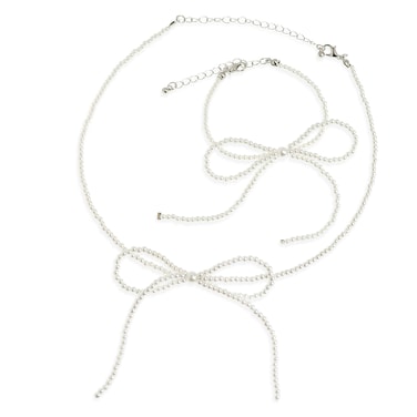 BXDA White Seed Beads Bow Pearl Bracelets Necklaces Set for Women, Dainty Cute Boho Adjustable Gorgeous Silver Choker Necklace Bracelet Prom Jewelry Gifts