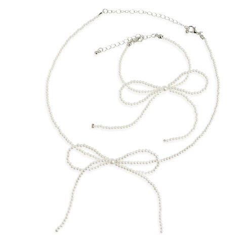 BXDA White Seed Beads Bow Pearl Bracelets Necklaces Set for Women, Dainty Cute Boho Adjustable Gorgeous Silver Choker Necklace Bracelet Prom Jewelry Gifts