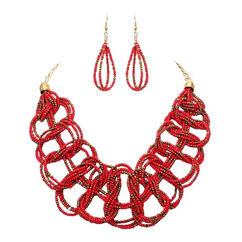Rosemarie Collections Women&#39;s Stunning Handstrung Bohemian Seed Bead Bib Necklace Earring Set, 20&quot;+3&quot; Extender (Red With Gold)