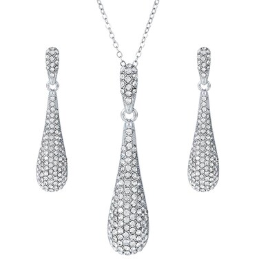 YINLI Silver Full Crystal Rhinestone Gem Tear Drop Pendant Necklace Earrings Jewelry Sets(Style08)