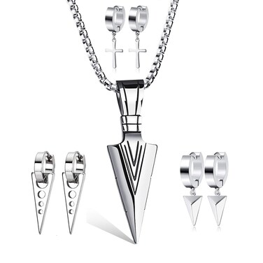 PJWONG Mens Silver Stainless Steel Cool Dagger Arrowhead Arrow Drop Pendant Chain Necklace Punk Cross Geometric Triangle Dangle Hoop Earrings Jewelry Set
