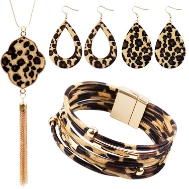 REDANHA 4 Pieces Leopard Jewelry Set Earrings Bracelets Necklace Multilayer Leather Cuff Bracelet Long Tassel Leopard Print Pendant Necklace Teardrop Dangle Earrings for Women