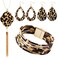 REDANHA 4 Pieces Leopard Jewelry Set Earrings Bracelets Necklace Multilayer Leather Cuff Bracelet Long Tassel Leopard Print Pendant Necklace Teardrop Dangle Earrings for Women