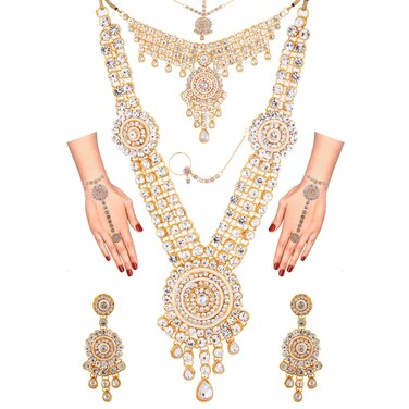 Efulgenz Indian Bridal Jewelry Indian Wedding Jewelry Sets for Women Bridal Bollywood Kundan Rhinestone Necklace Earrings Maang Tikka Head Chain Nose Ring Bracelet Jewelry Set