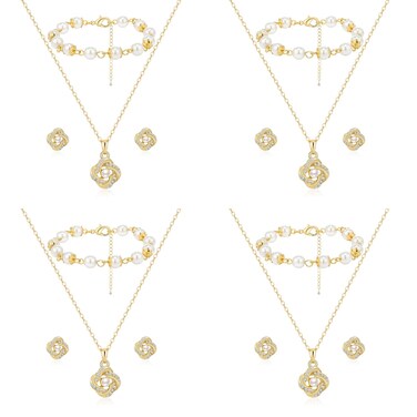 OTTFF Bridesmaid Jewelry Set For Wedding,1 Set 18k Gold Plated Love Knot Pave Rhinestone With Pearl Necklace Earrings Bracelet Set for Women