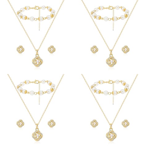 OTTFF Bridesmaid Jewelry Set For Wedding,1 Set 18k Gold Plated Love Knot Pave Rhinestone With Pearl Necklace Earrings Bracelet Set for Women